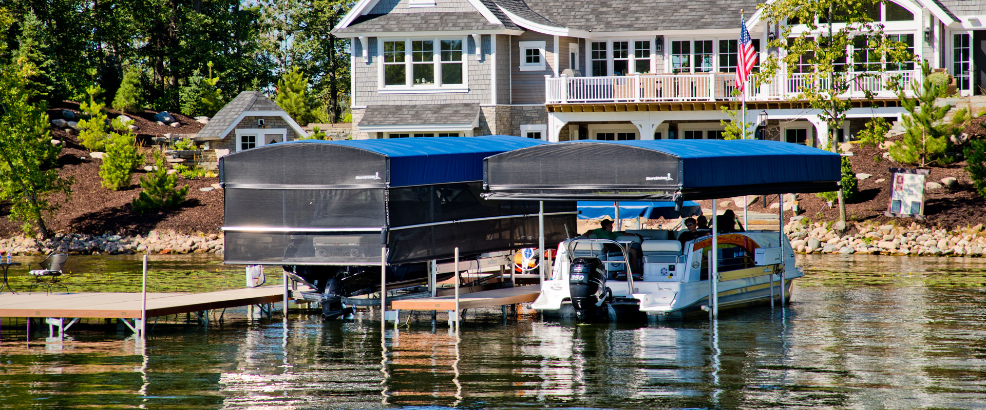 ShoreStation pontoon boat lifts with the REVOLUTION™ Series Canopy